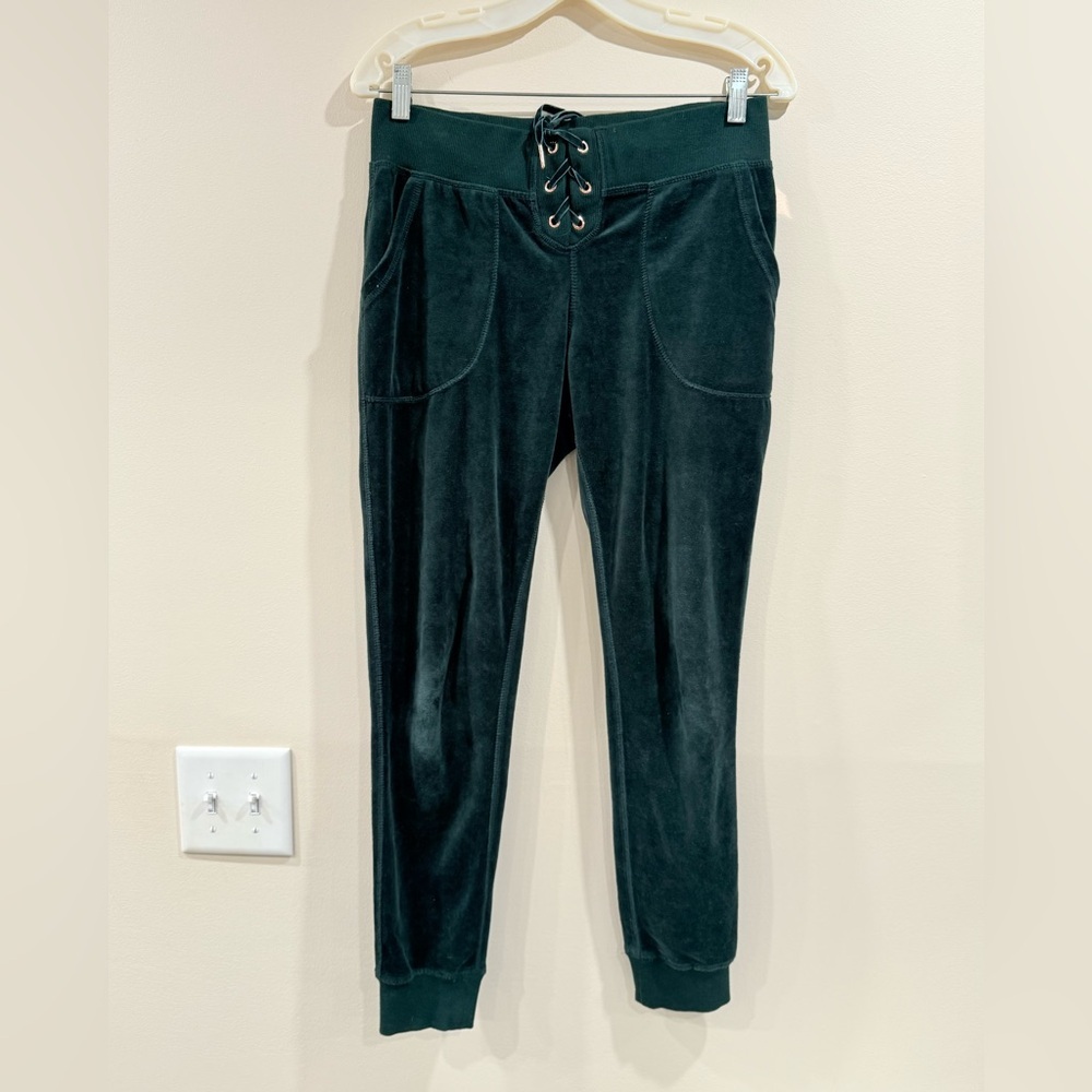 🔥Betsey Johnson Dark Green Velour Joggers with Lace-Up Detail🔥